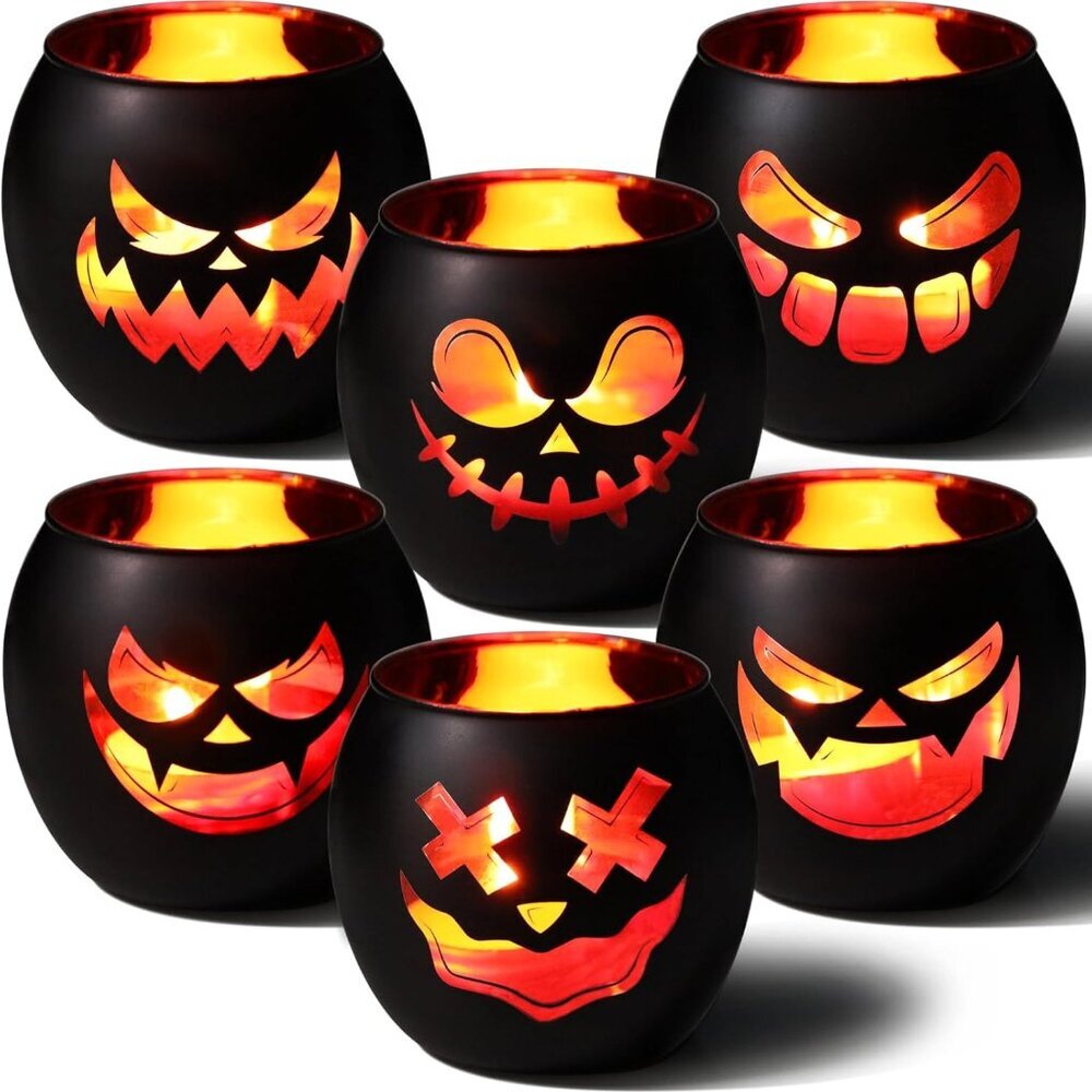 Black Halloween Table Centerpieces Candle Holders 6PCS, Jack O Lantern Tealight